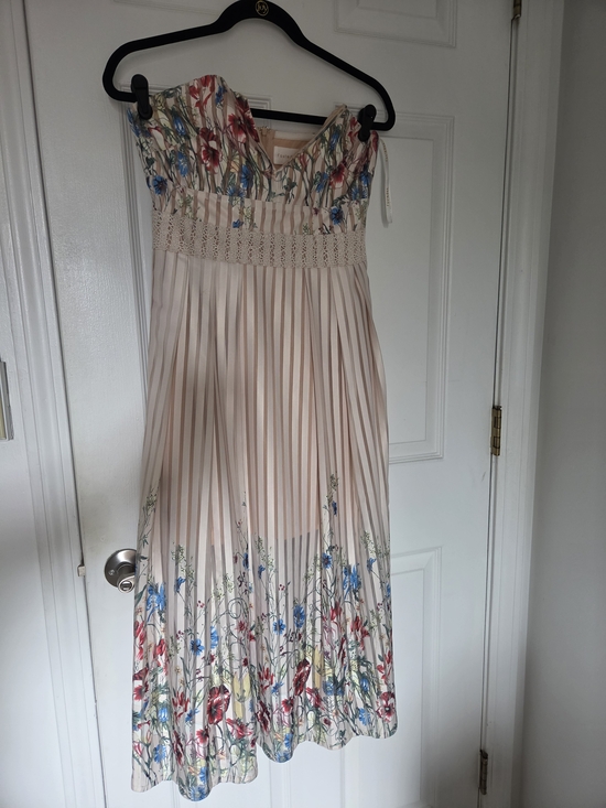 foxiedox Dresses & Skirts - Foxiedox Strapless Floral Midi Dress Sheer Stripe Pleated Skirt Women's Excellen